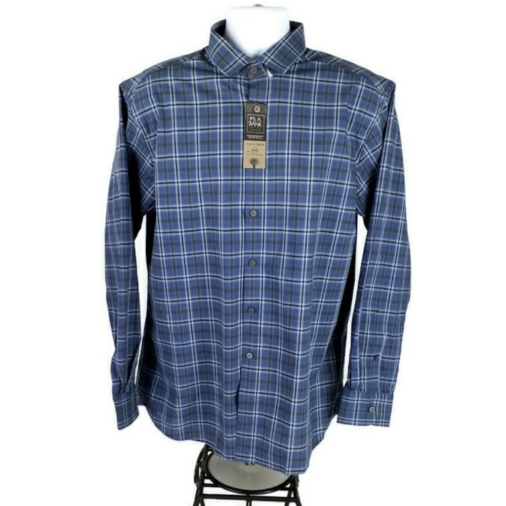 Jos A Bank Traveler Travel Tech Blue Plaid Long Sleeve Button Up Shirt Mens L